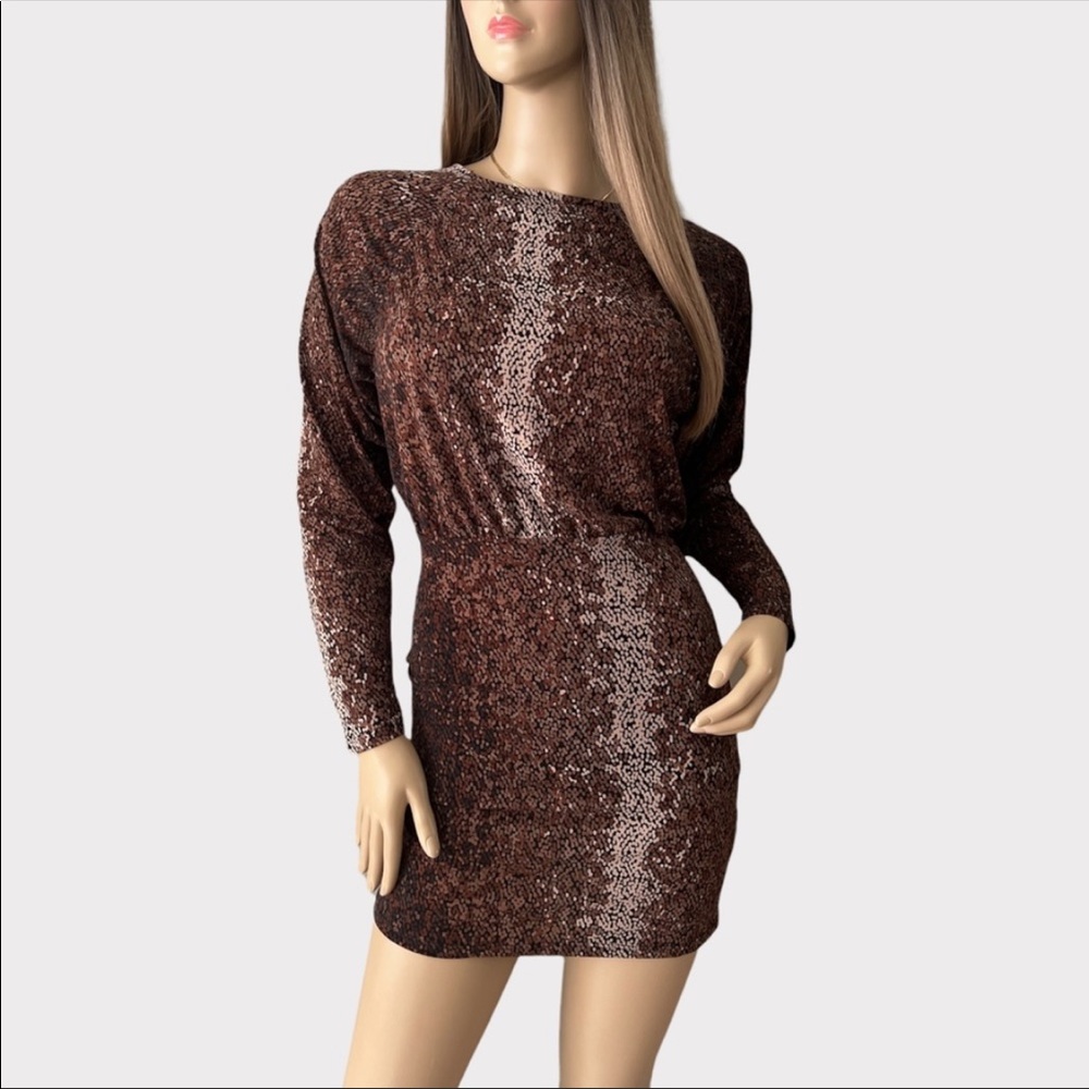 H&M Brown Multicolor Printed Long Sleeve Stretch Mini Dress Size Small